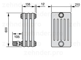 Схема (чертеж) Радиатор Zehnder Charleston 6060/3 №V004 Белый глянцевый RAL 9016